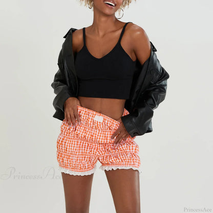 Kawaii Lace Hem Plaid Bloomer Short