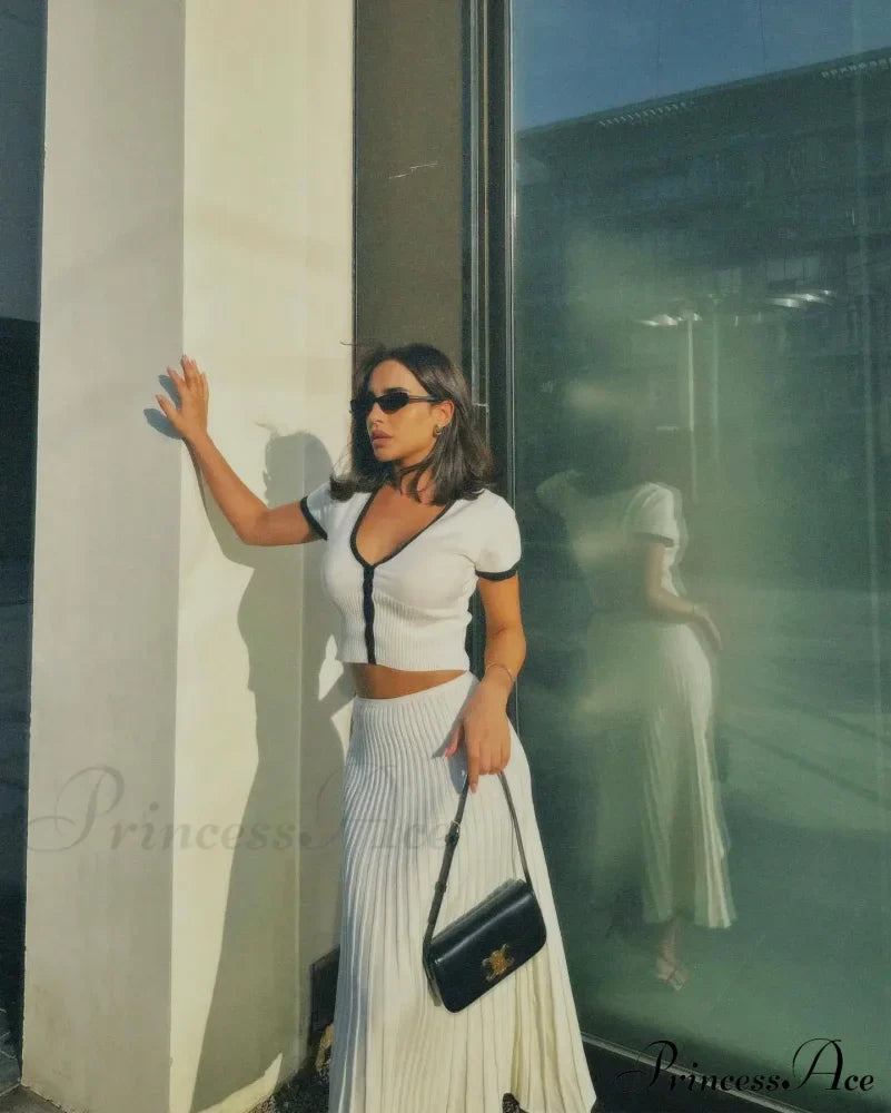 Knit Two Tone Short Sleeve Buttoned Modern Top And Pleated Midi Skirt Set