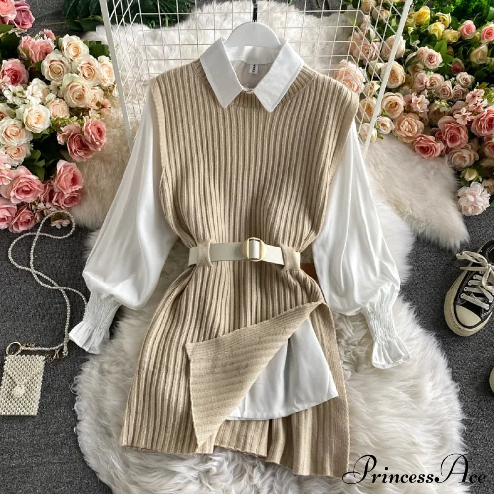Knitted Set Waistband Style Blouse Top - Women's Lantern College and Vest Arm UK900