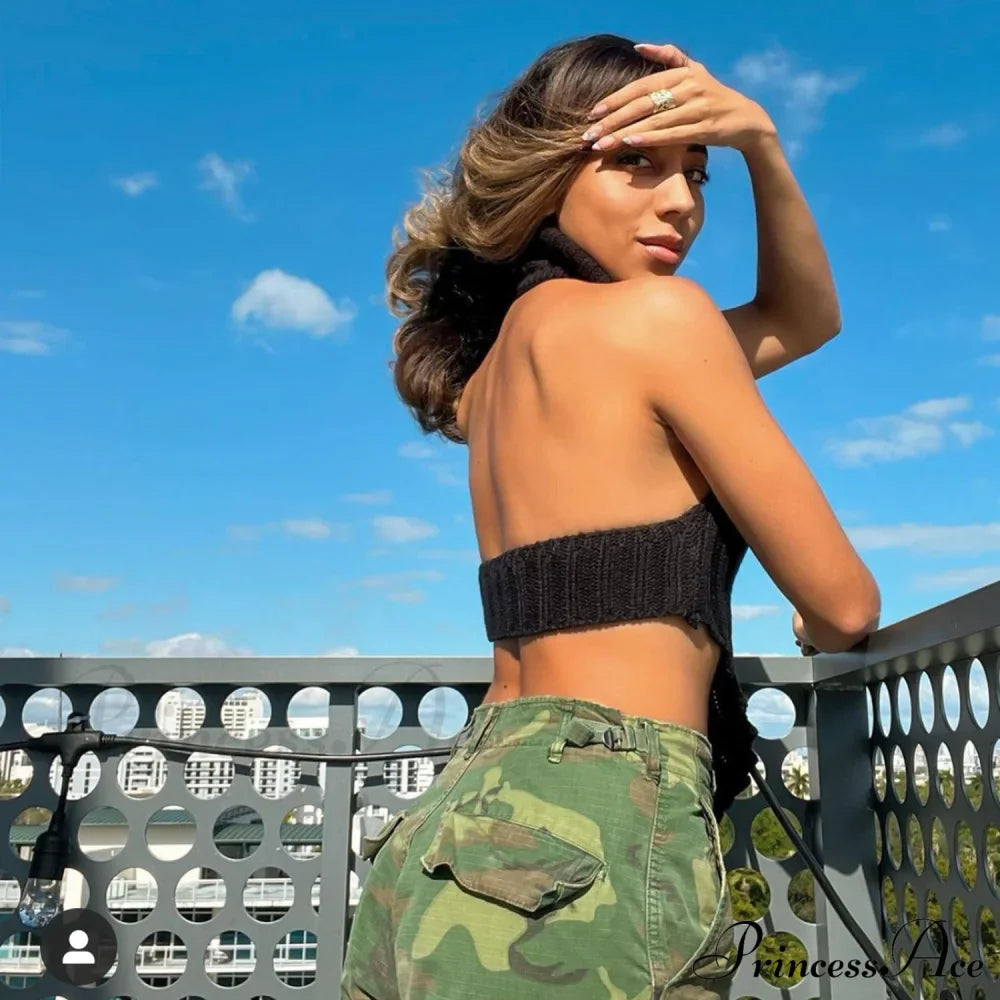 Knitted Turtleneck Stylish Backless Crop Top