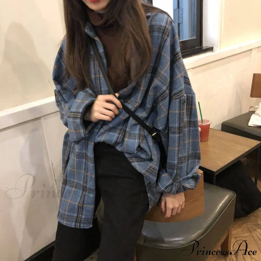 Korean Flannel Plaid Boyfriend Oversized Blouse Casual for Women Autumn Street Tunic Shirts Blouse Vintage Tops