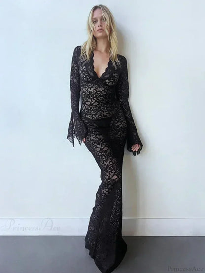 Lace Deep V Neck Flared Sleeve Vacation Dress