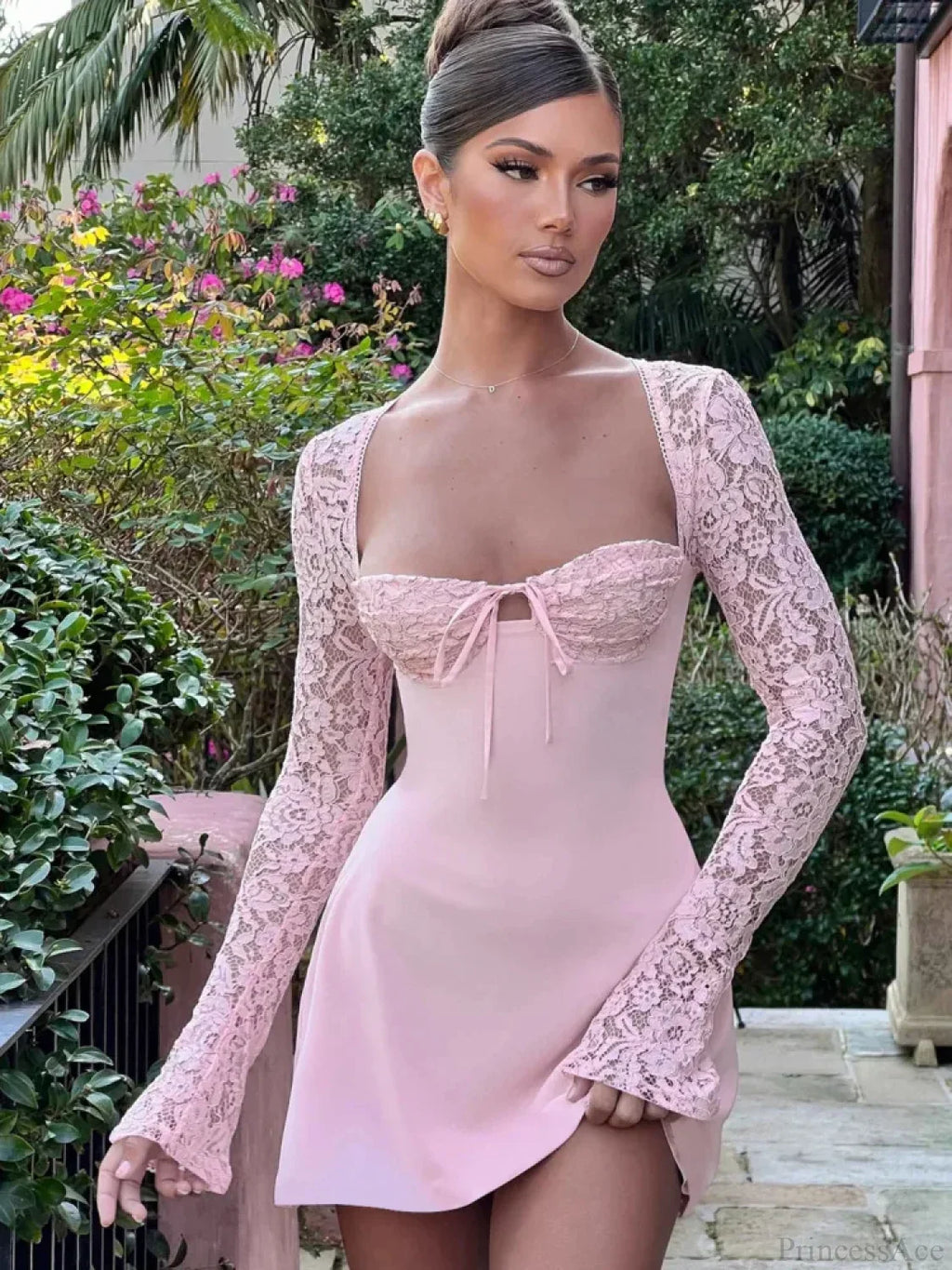 Lace Patchwork Long Sleeve Mini Dress