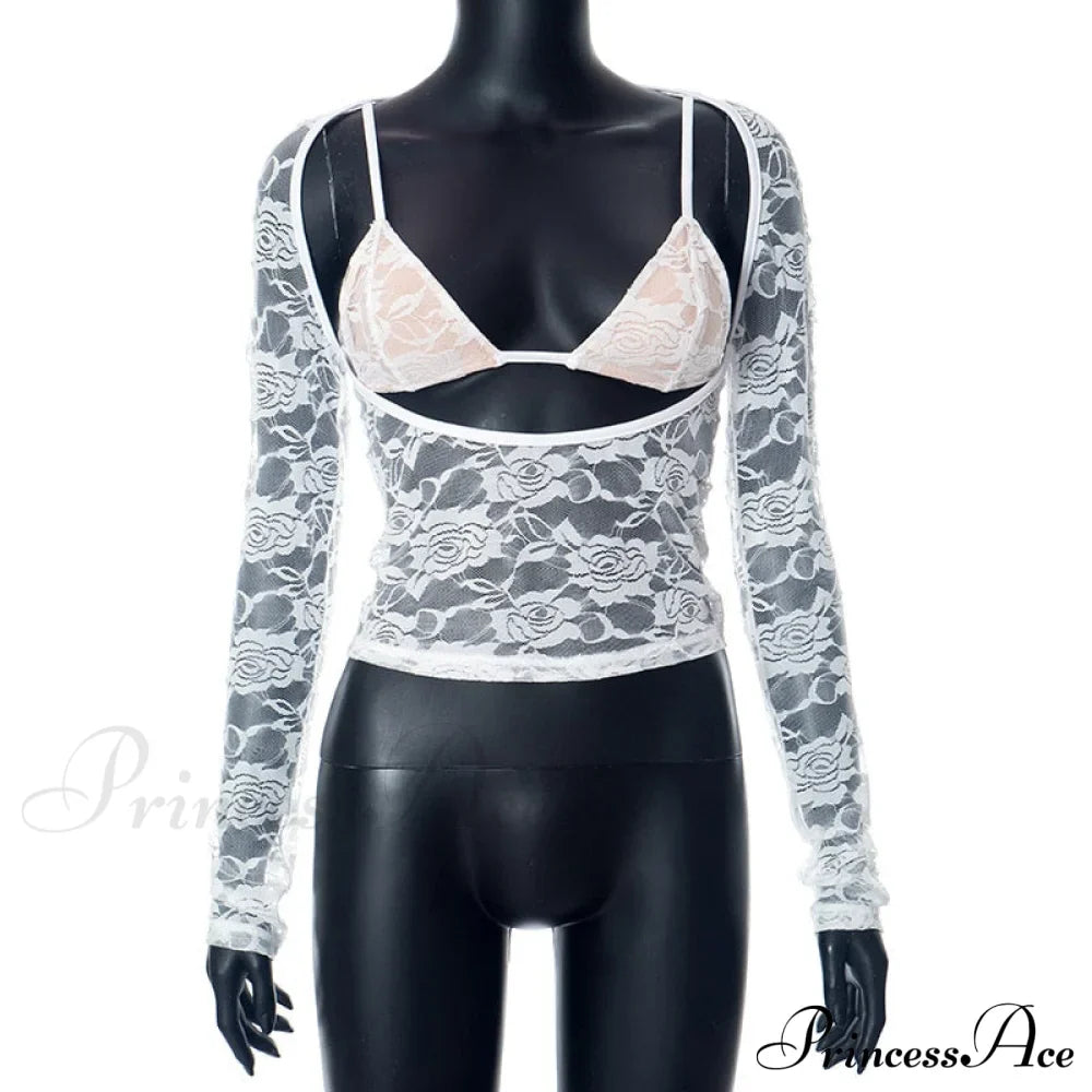 Lace Sheer Long Sleeve Graceful Cut Out Bralette Top