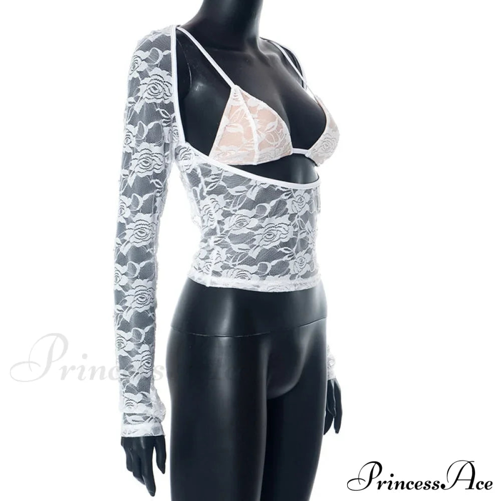 Lace Sheer Long Sleeve Graceful Cut Out Bralette Top