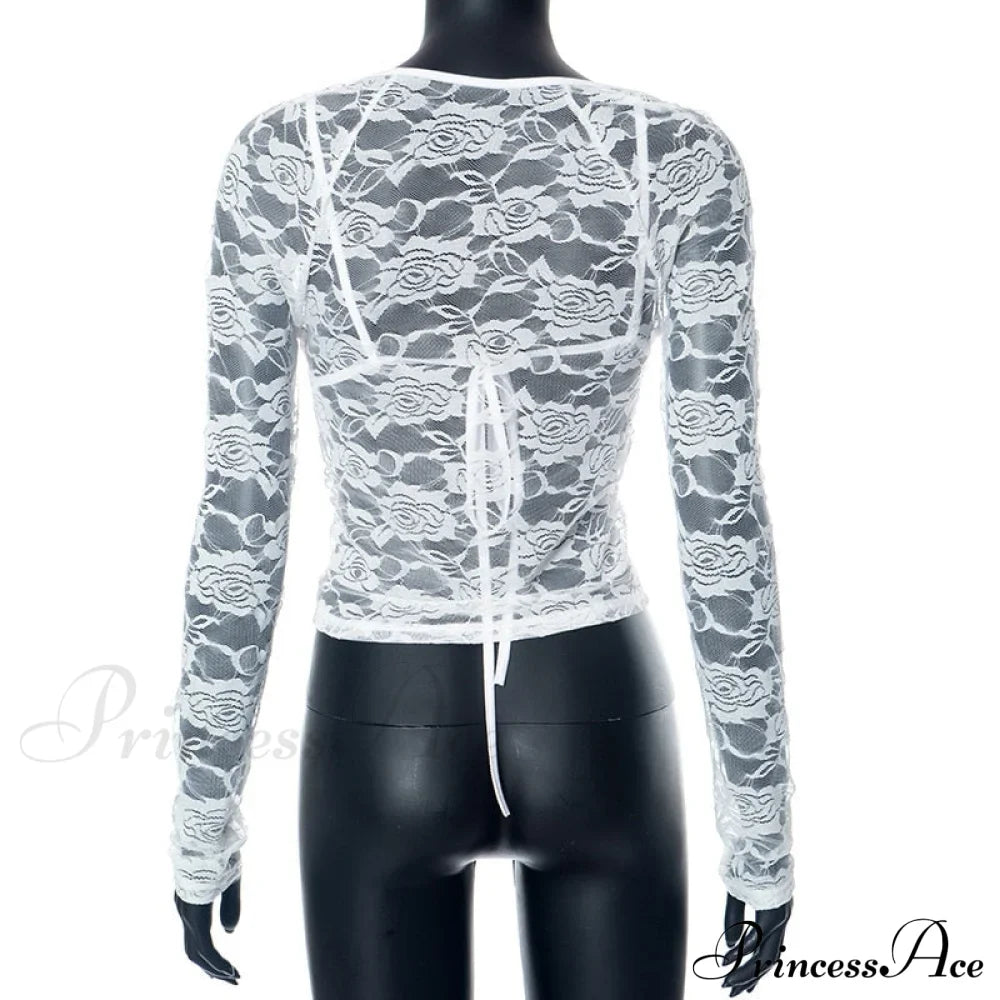 Lace Sheer Long Sleeve Graceful Cut Out Bralette Top