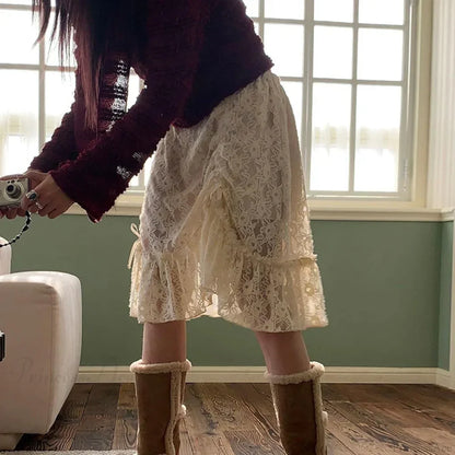 Lace Transparent Vintage Drawstring Bandage Skirt