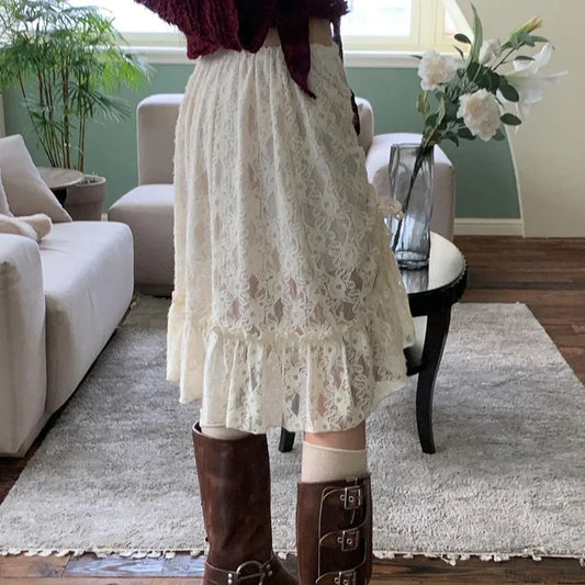 Lace Transparent Vintage Drawstring Bandage Skirt
