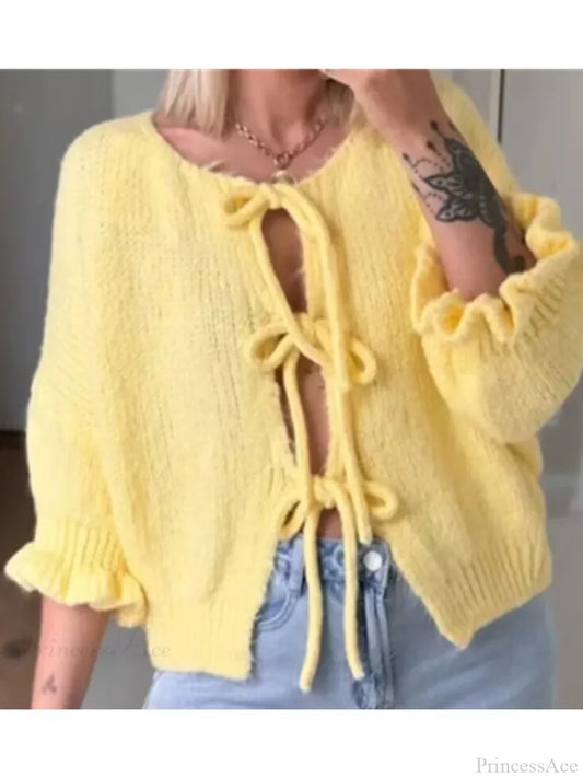 Lace-Up Petal Sleeve Thick Knit O-Neck Cardigan