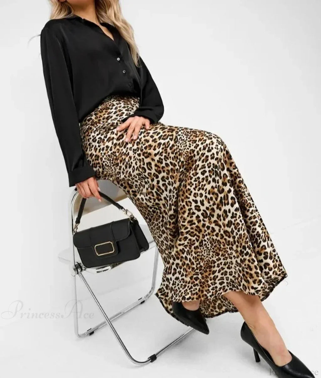 Leopard Print High Waist Midi Skirt