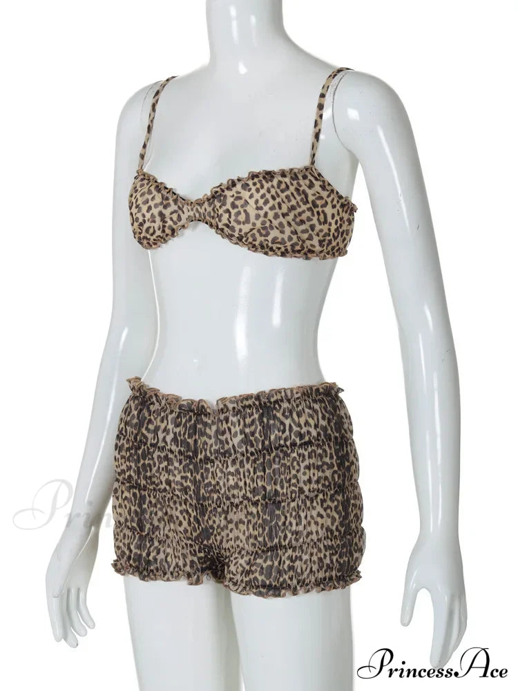Leopard Print Ruffles Cami Graceful Bra Top and Shorts Set