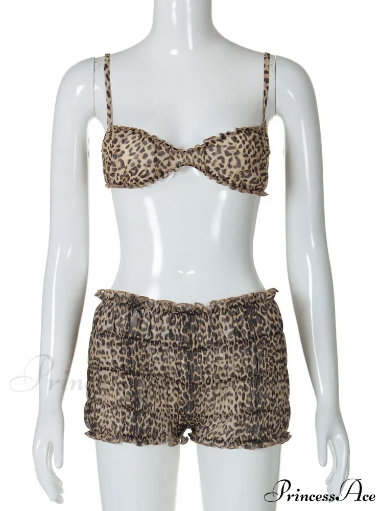 Leopard Print Ruffles Cami Graceful Bra Top and Shorts Set