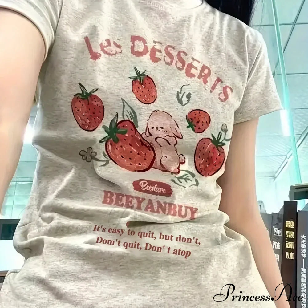 Les Dessert Strawberry & Graceful Letter Print Short Sleeve T-Shirt