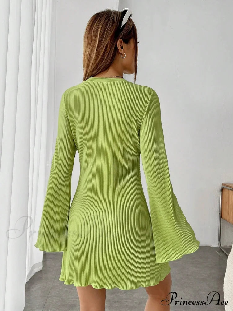 Lettuce Trim Trumpet Sleeve Ribbed Knit Dress