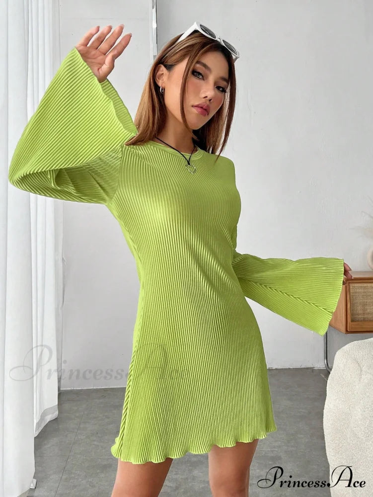 Lettuce Trim Trumpet Sleeve Ribbed Knit Dress