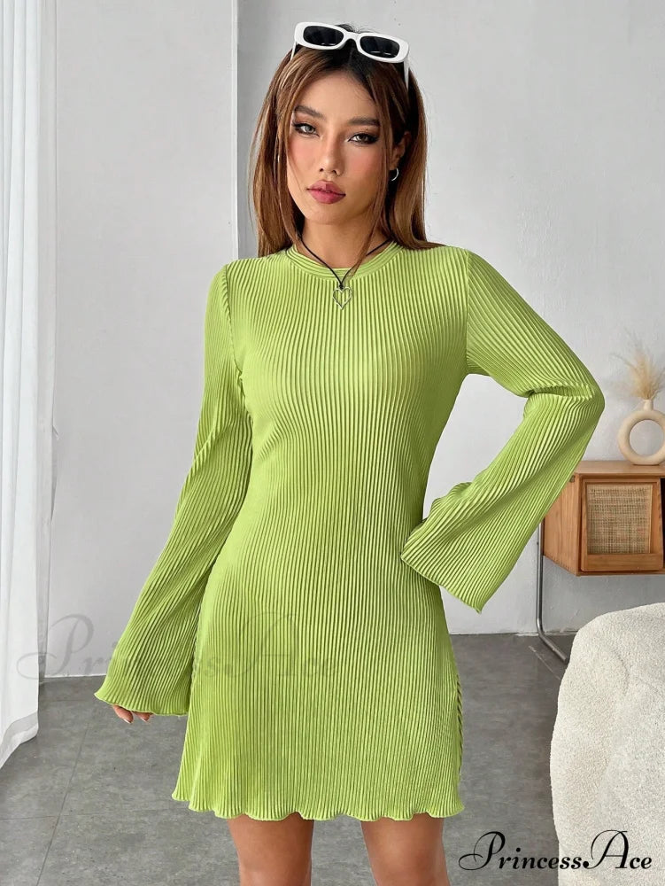 Lettuce Trim Trumpet Sleeve Ribbed Knit Dress