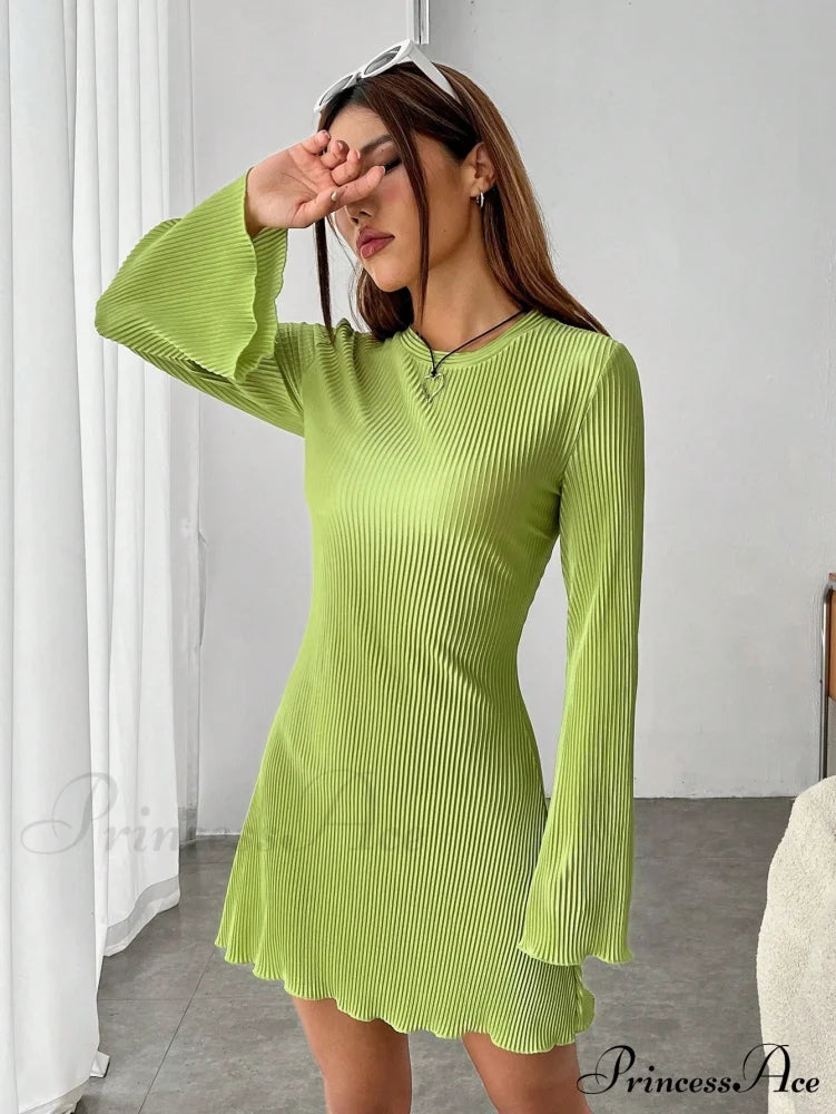 Lettuce Trim Trumpet Sleeve Ribbed Knit Dress