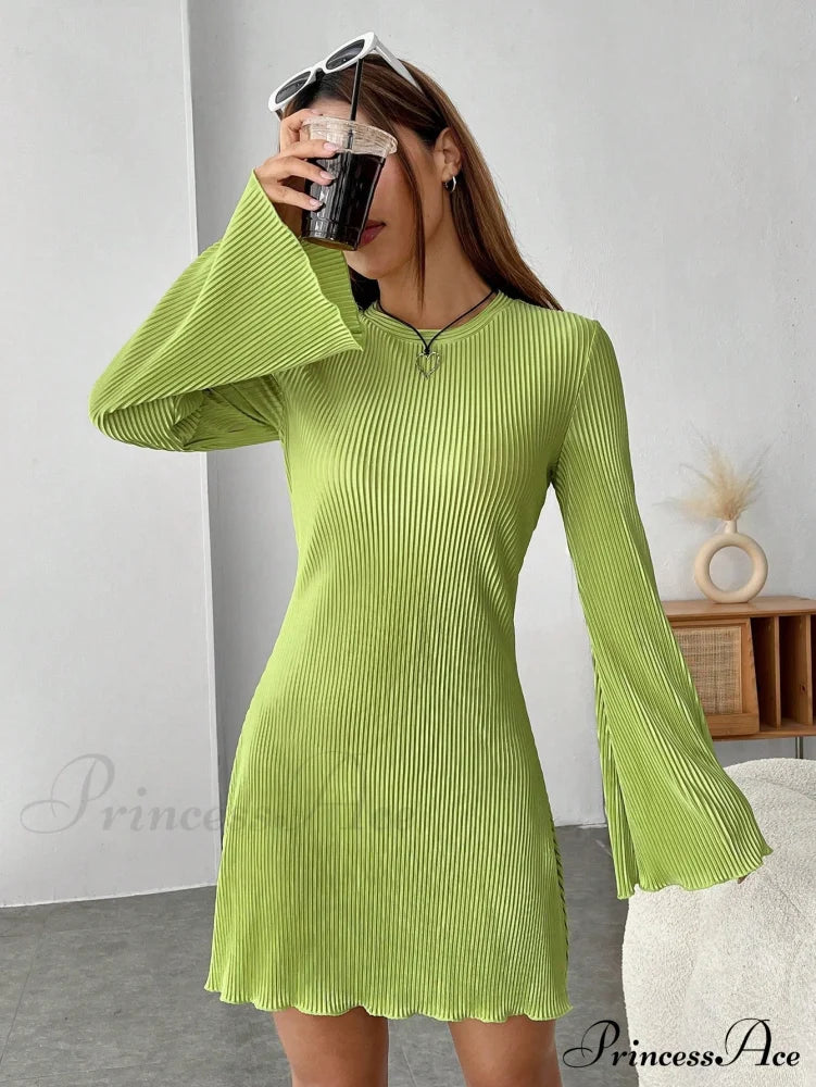 Lettuce Trim Trumpet Sleeve Ribbed Knit Dress
