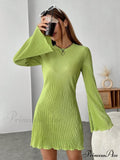 Lettuce Trim Trumpet Sleeve Ribbed Knit Dress