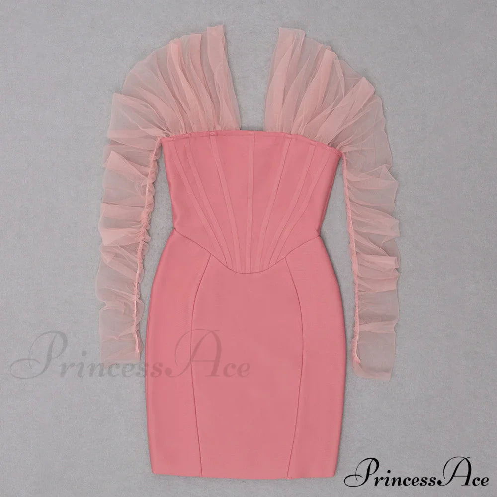 Long Arm Pink Warm-Season Sexy Bodycon Mesh Shoulder Bandage Backless Mini Women Off Dress