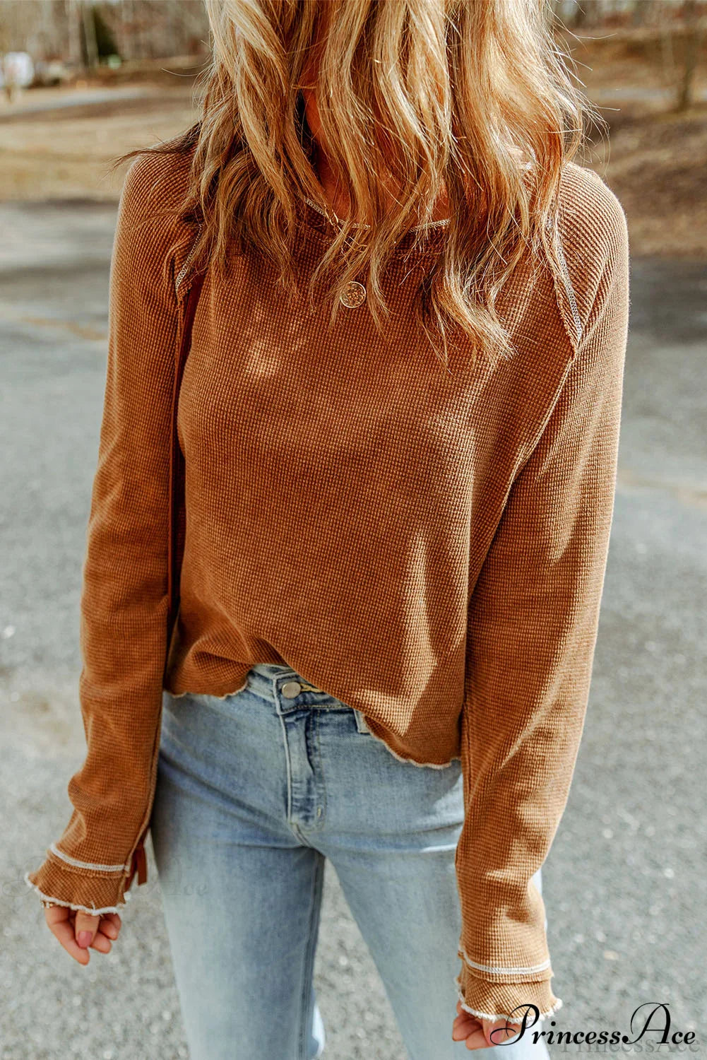 Long Round Arm Neck Brown Textured Top
