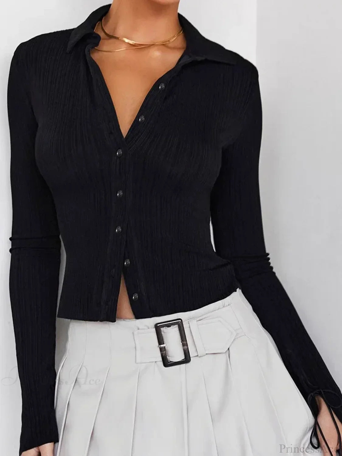 Long Sleeve Casual Turn-Down Collar Button-Down Knit Top