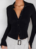 Long Sleeve Casual Turn-Down Collar Button-Down Knit Top