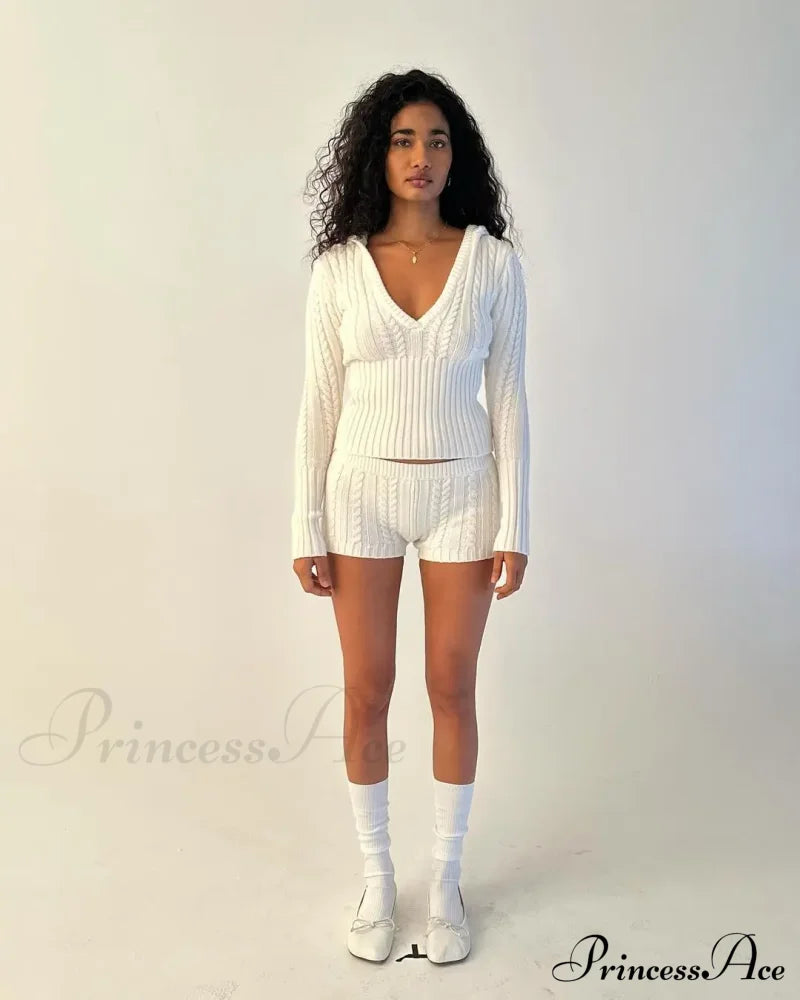 Long Sleeve Knitted V-Neck Graceful Hooded Sweater And Shorts Set