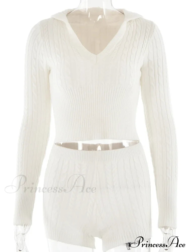 Long Sleeve Knitted V-Neck Graceful Hooded Sweater And Shorts Set