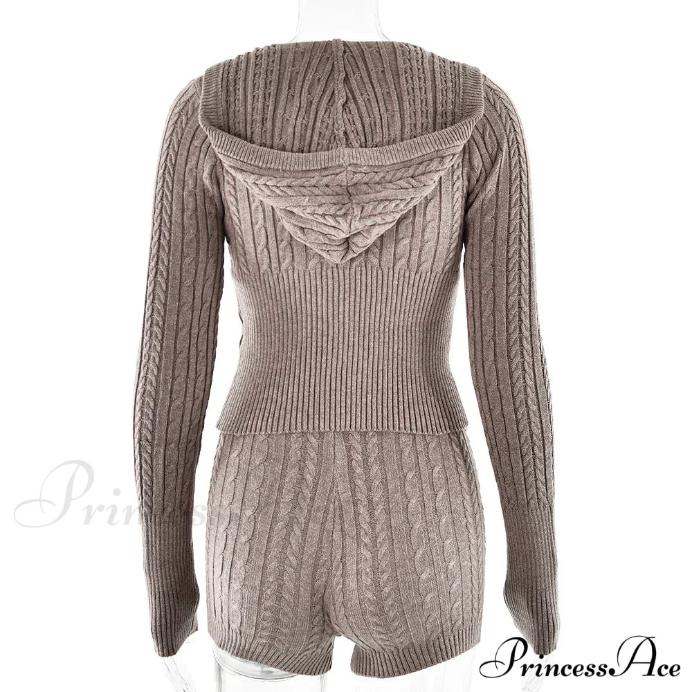 Long Sleeve Knitted V-Neck Graceful Hooded Sweater And Shorts Set