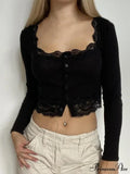Long Sleeve O Neck Y2K Retro Lace Button Up T-Shirts