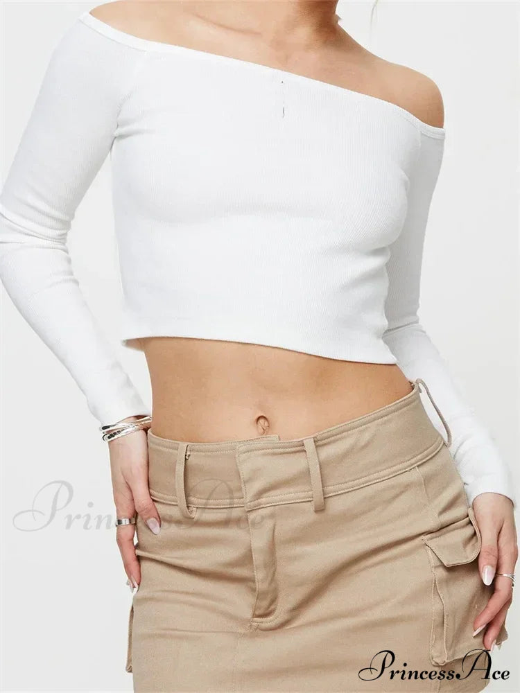 Long Sleeve Off-shoulder Solid Slim Fit Ribbed Hollow Out T-Shirts