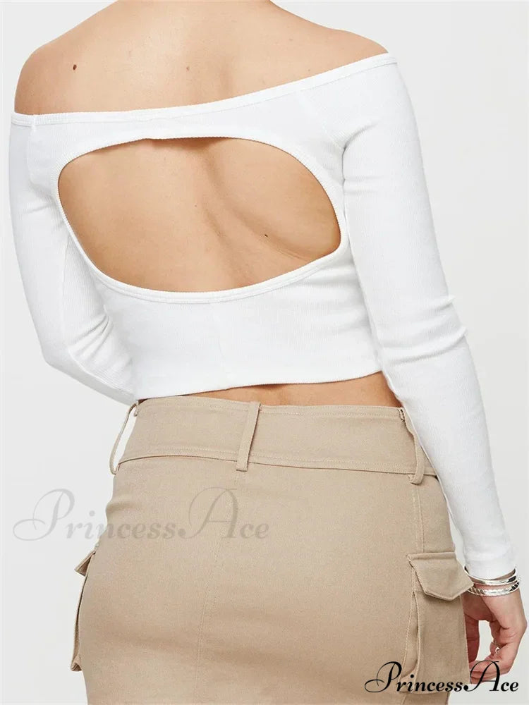 Long Sleeve Off-shoulder Solid Slim Fit Ribbed Hollow Out T-Shirts