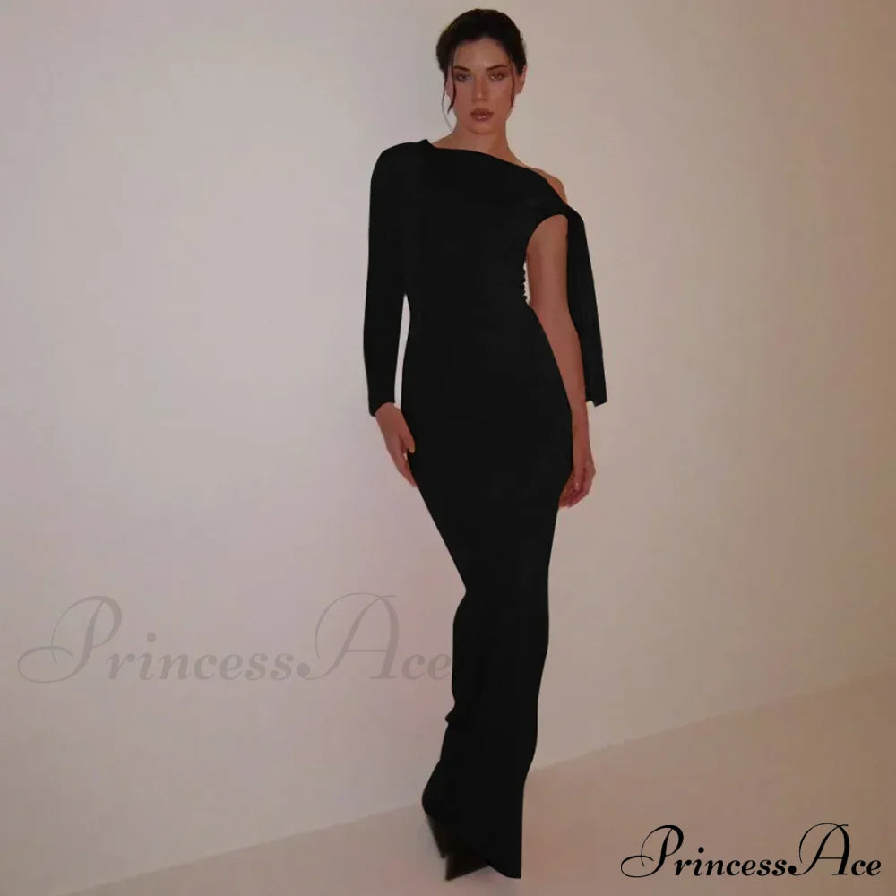 Long Sleeve One Shoulder Graceful Tie Up Bodycon Maxi Dress
