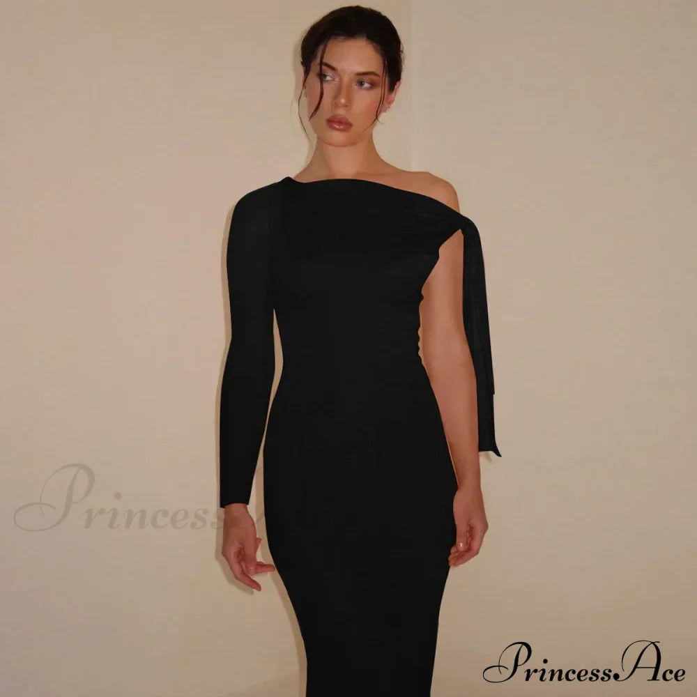 Long Sleeve One Shoulder Graceful Tie Up Bodycon Maxi Dress