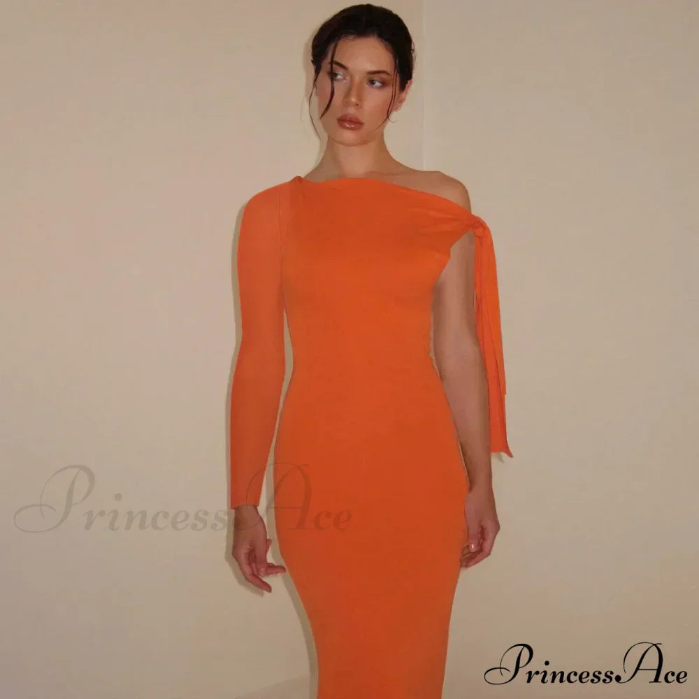 Long Sleeve One Shoulder Graceful Tie Up Bodycon Maxi Dress