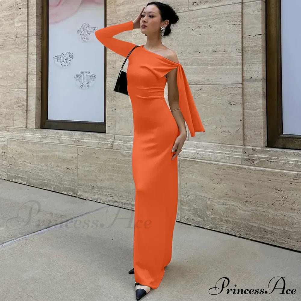 Long Sleeve One Shoulder Graceful Tie Up Bodycon Maxi Dress
