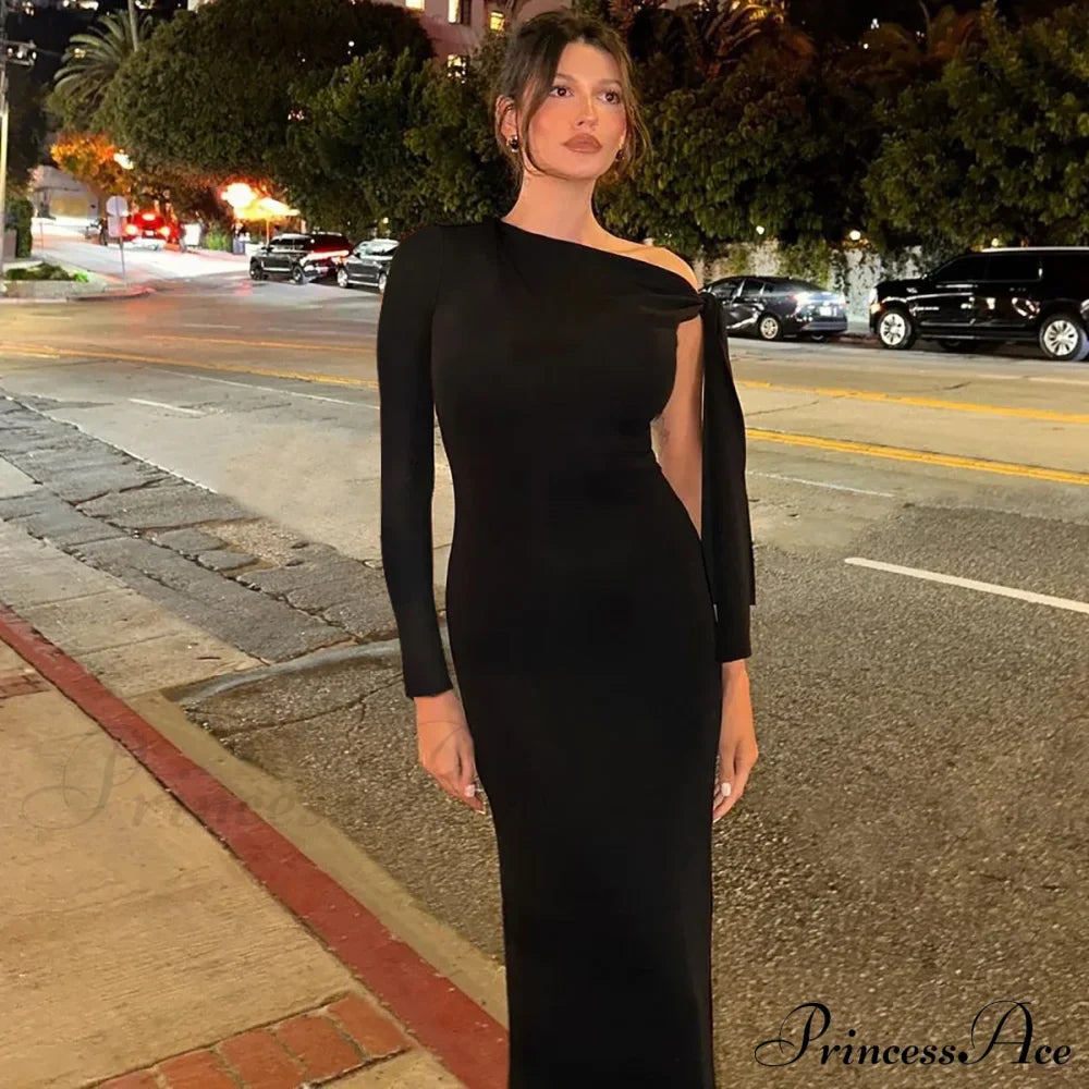 Long Sleeve One Shoulder Graceful Tie Up Bodycon Maxi Dress