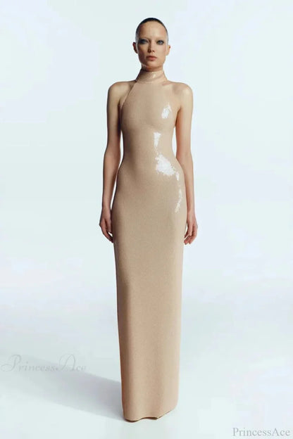 Long-Sleeve Sequin Slit Maxi Prom Dress