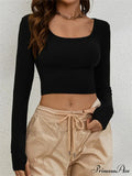 Long Sleeve Solid Color Ribbed Square Neck Slim Fit Crop T-Shirts