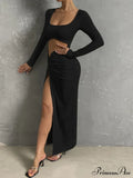 Long-sleeved Square Neck Long High Split Nightclub Wear Hollow Out Cut Out Dress