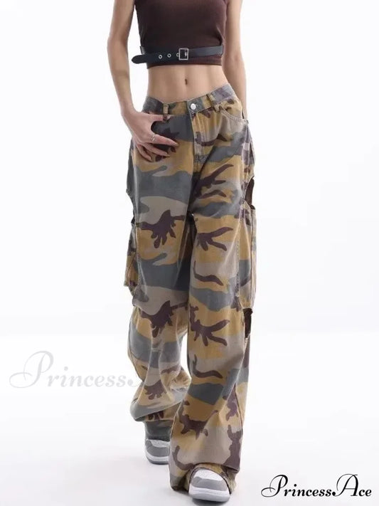 Loose Splashed Ink Speaker Camouflage Pants Trendy Hip-Hop Vintage Versatile Work Clothes Pants Wide Leg Pants Women's Jean