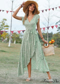Lotus V-Neck Warm-Season Gown Coastal Low Sleeves Flowered High Straps Tank Foliage Dress