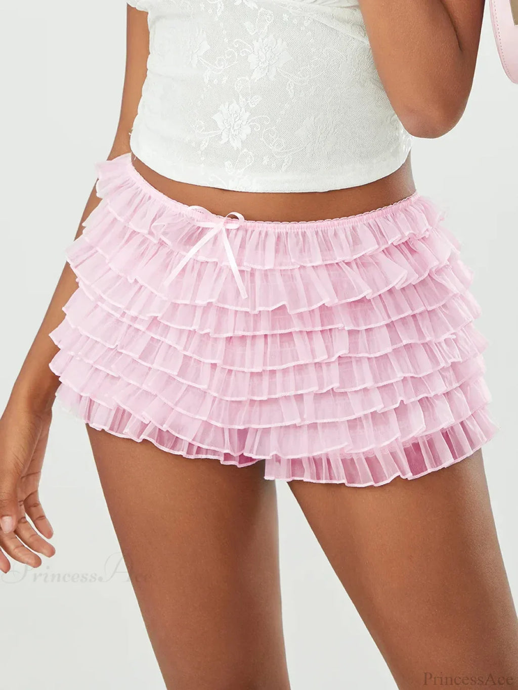 Mesh Bowknot Tiered Ruffle Short
