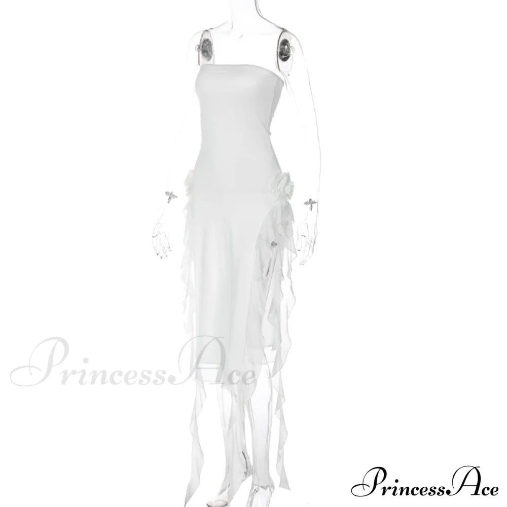Mesh Fringe Flower Charming Tube Midi Dress