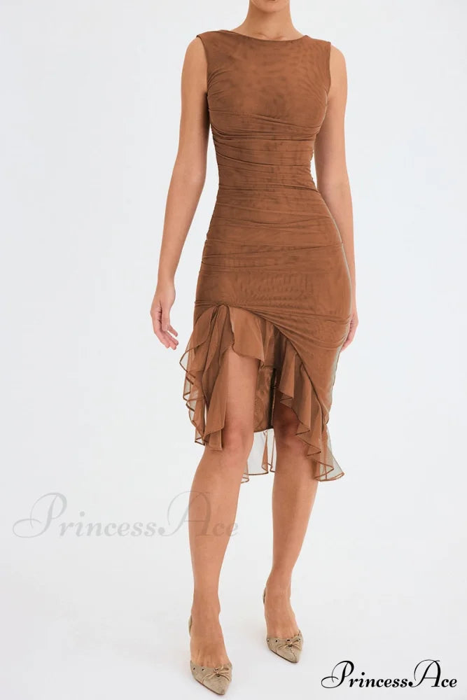 Mesh Ruffle Stylish Sleeveless Midi Dress