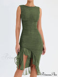 Mesh Ruffle Stylish Sleeveless Midi Dress