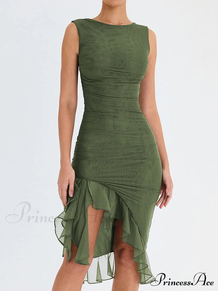 Mesh Ruffle Stylish Sleeveless Midi Dress