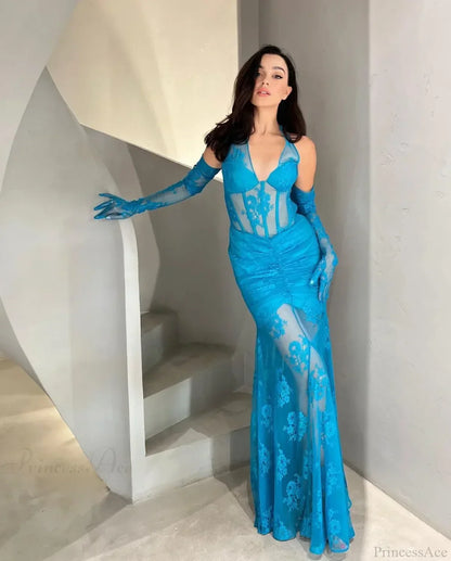 Mesh See-Through Lace Long Party Dress