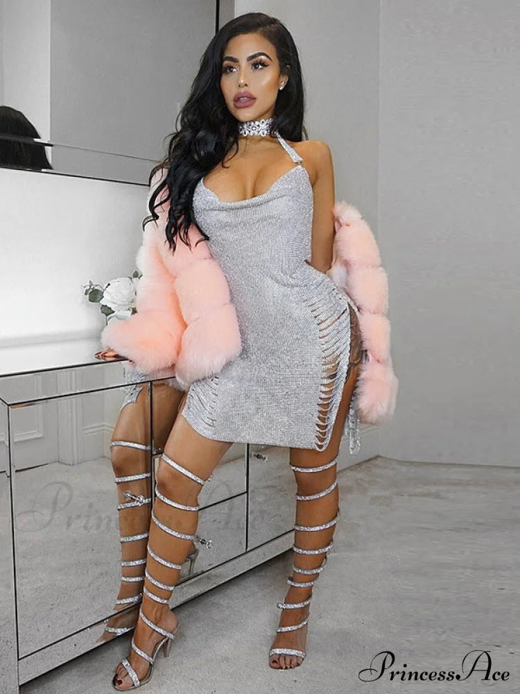 Metal Diamond Nightclub Sexy Backless Flash Dress